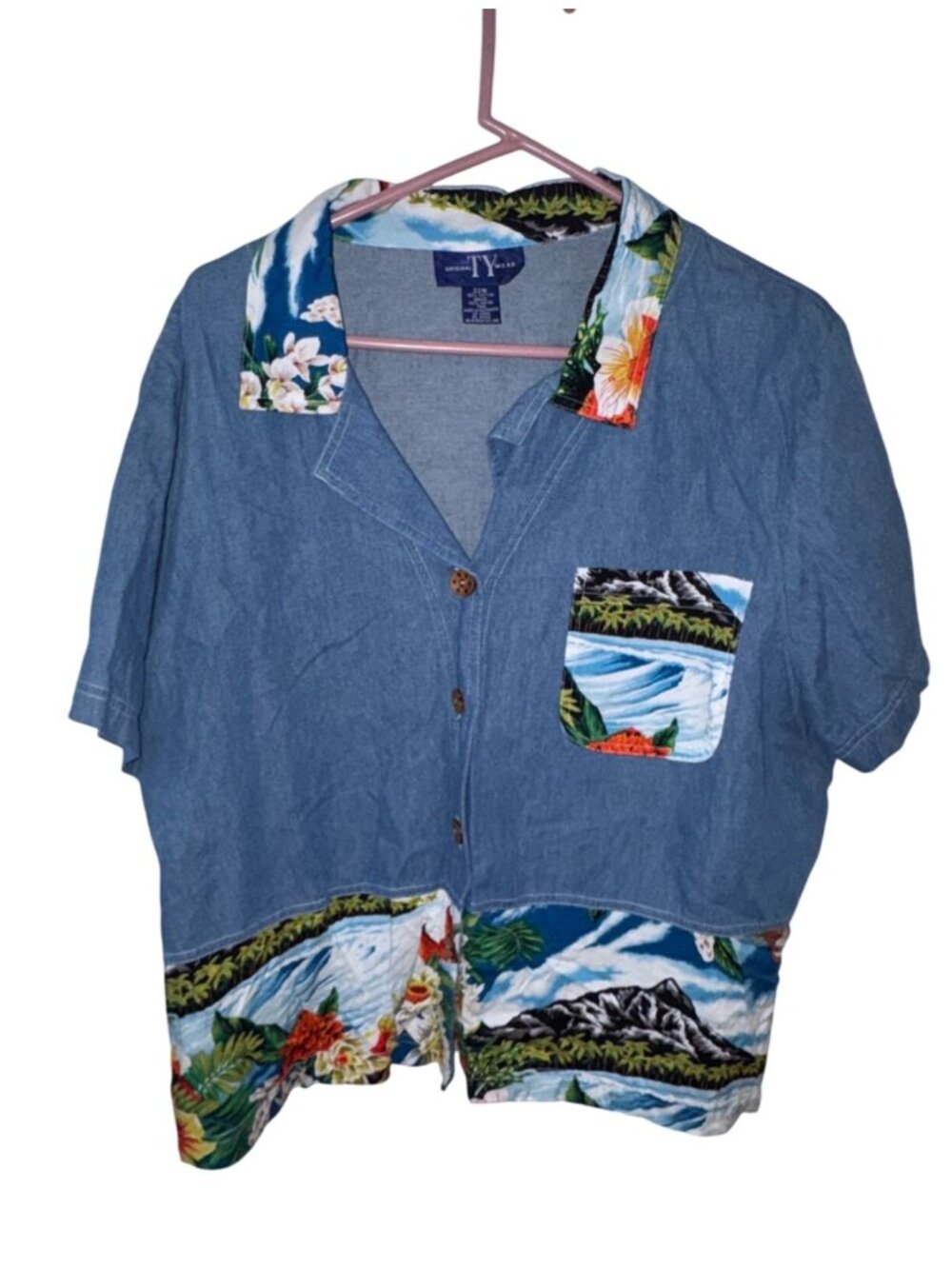 Original TY Wear Womens Hawaiian Denim Shirt 22W Floral Print Short Sleeve Butto